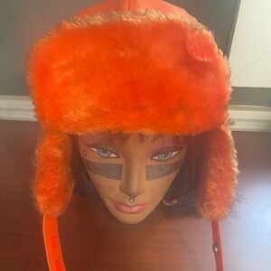 Orange leather fur hat